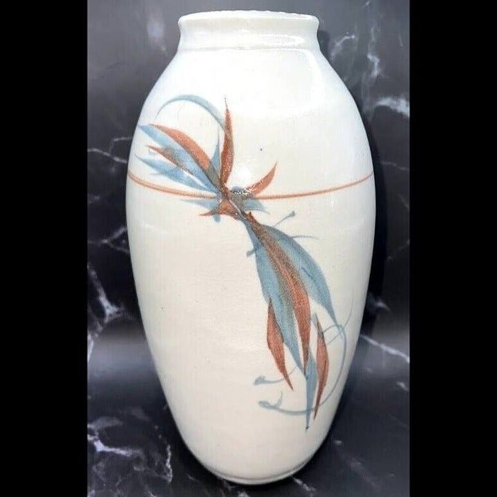 Vintage White Glazed Painted Feathers Western Stoneware Pottery Vase - Signed